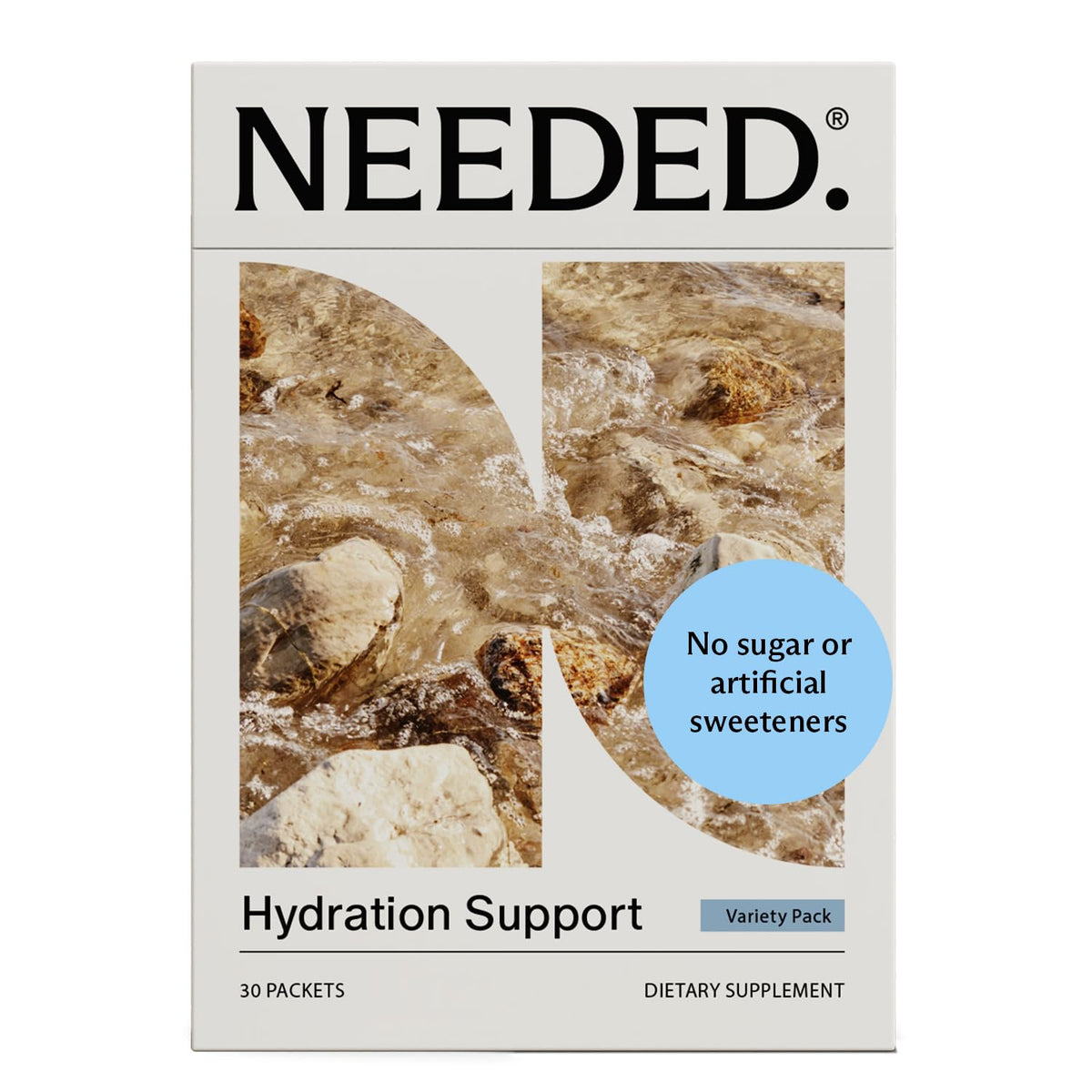 Needed hydration label close-up showing real fruit flavor and electrolyte balance.