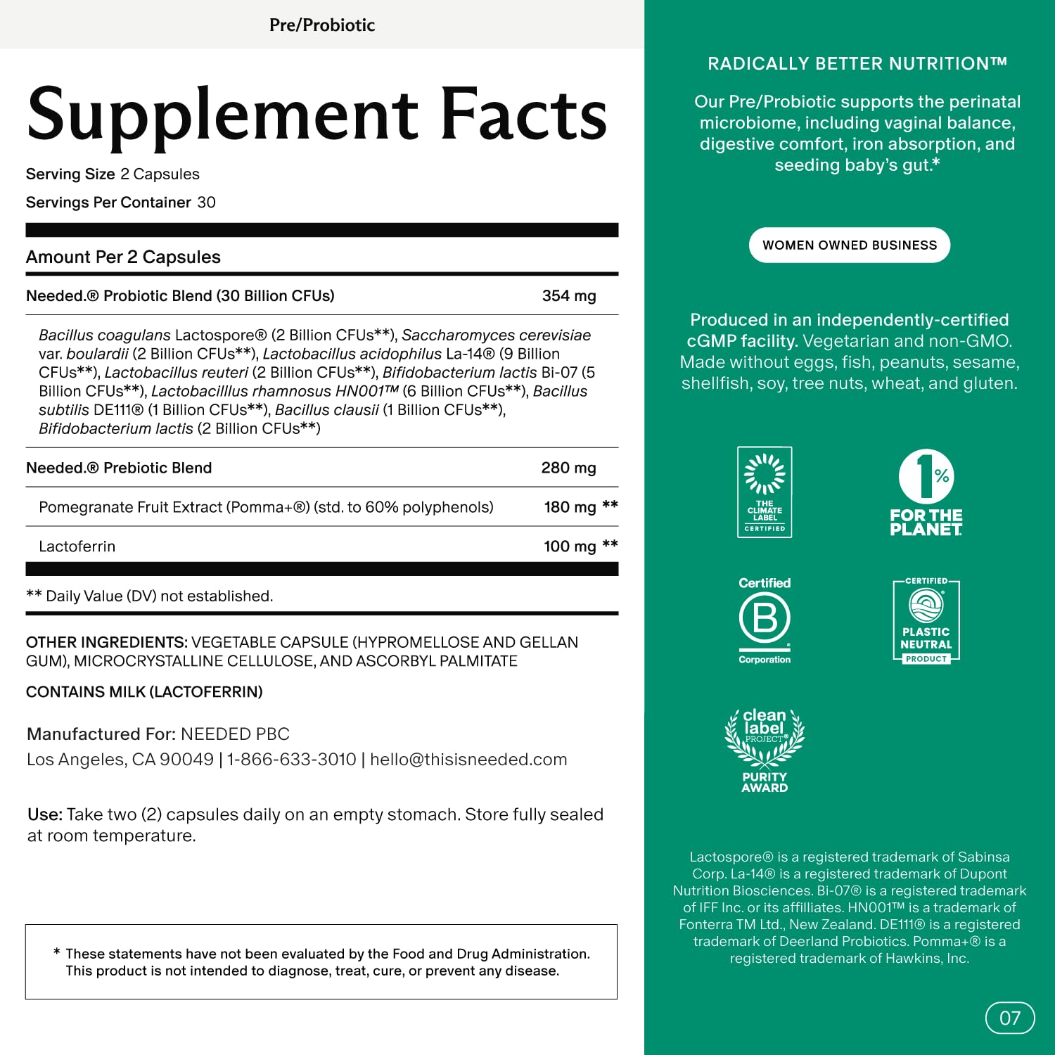 Needed label prebiotic-probiotic-blend shows 30B CFU per dose for daily wellness.