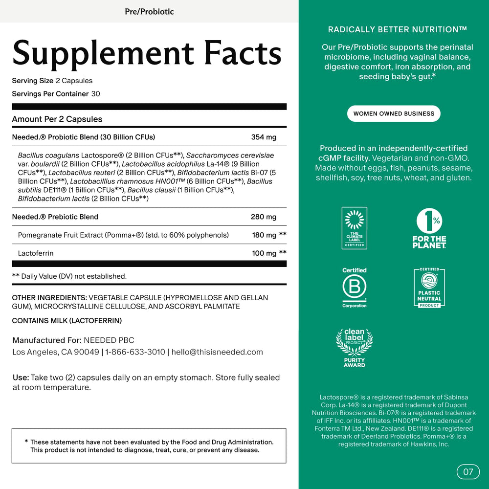 Needed label prebiotic-probiotic-blend shows 30B CFU per dose for daily wellness.