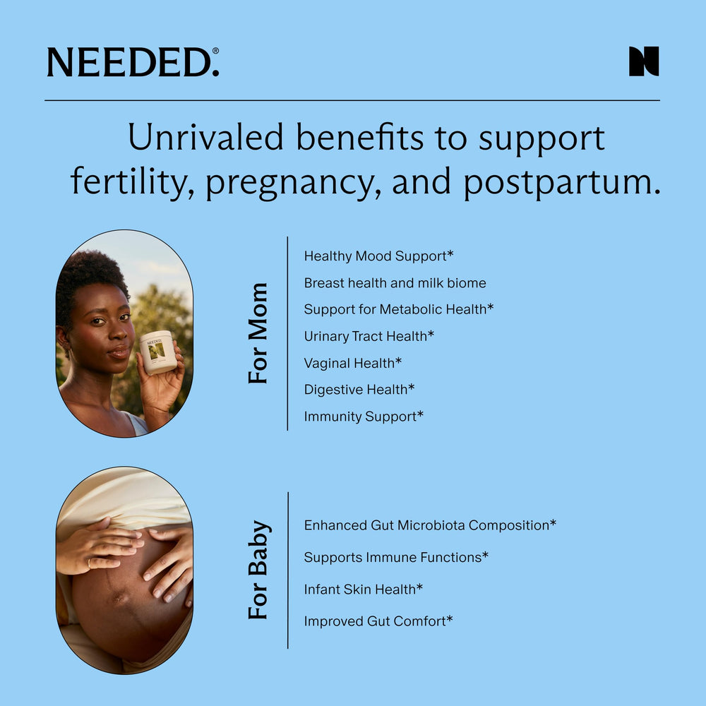 Needed Mama microbiome image suggests balanced gut, skin, and breastfeeding support.