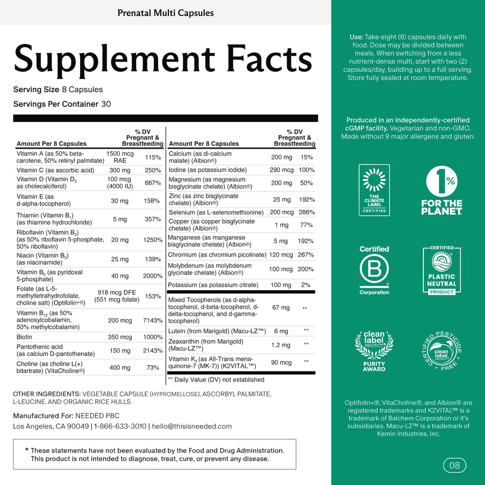 Needed prenatal capsules close-up showing choline and B vitamins support daily health.