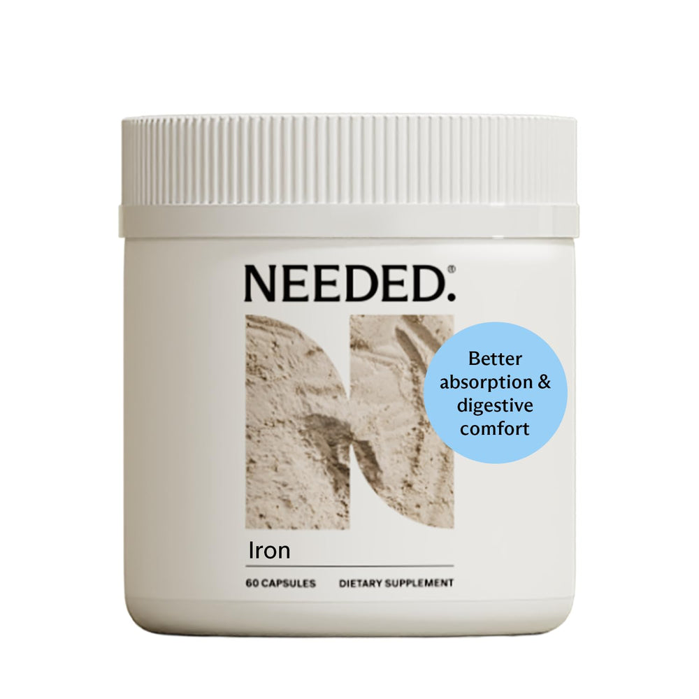 Needed Prenatal Iron bottle label highlights gentle iron for energy support.