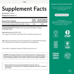 Needed Prenatal Iron capsule close-up emphasizes bioavailable iron gentle on stomach.