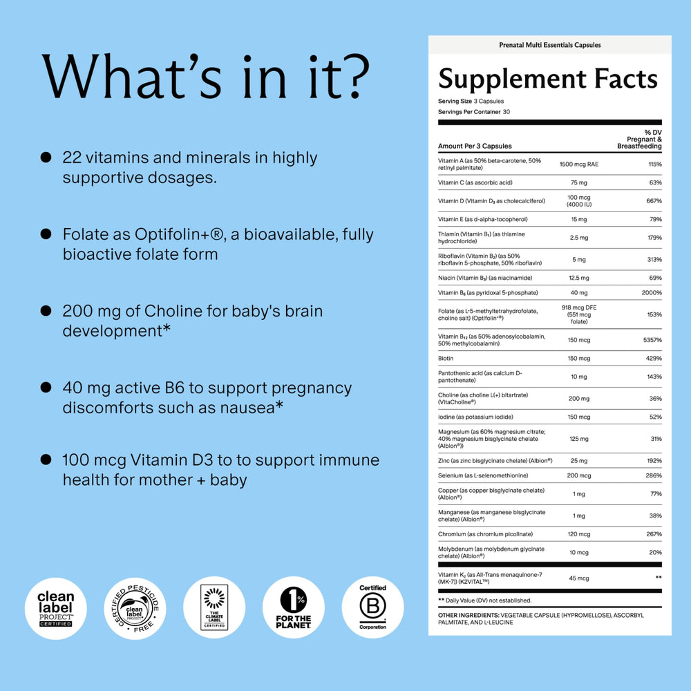 Needed Prenatal Multi Essentials capsules laid out showing flexible dosing.