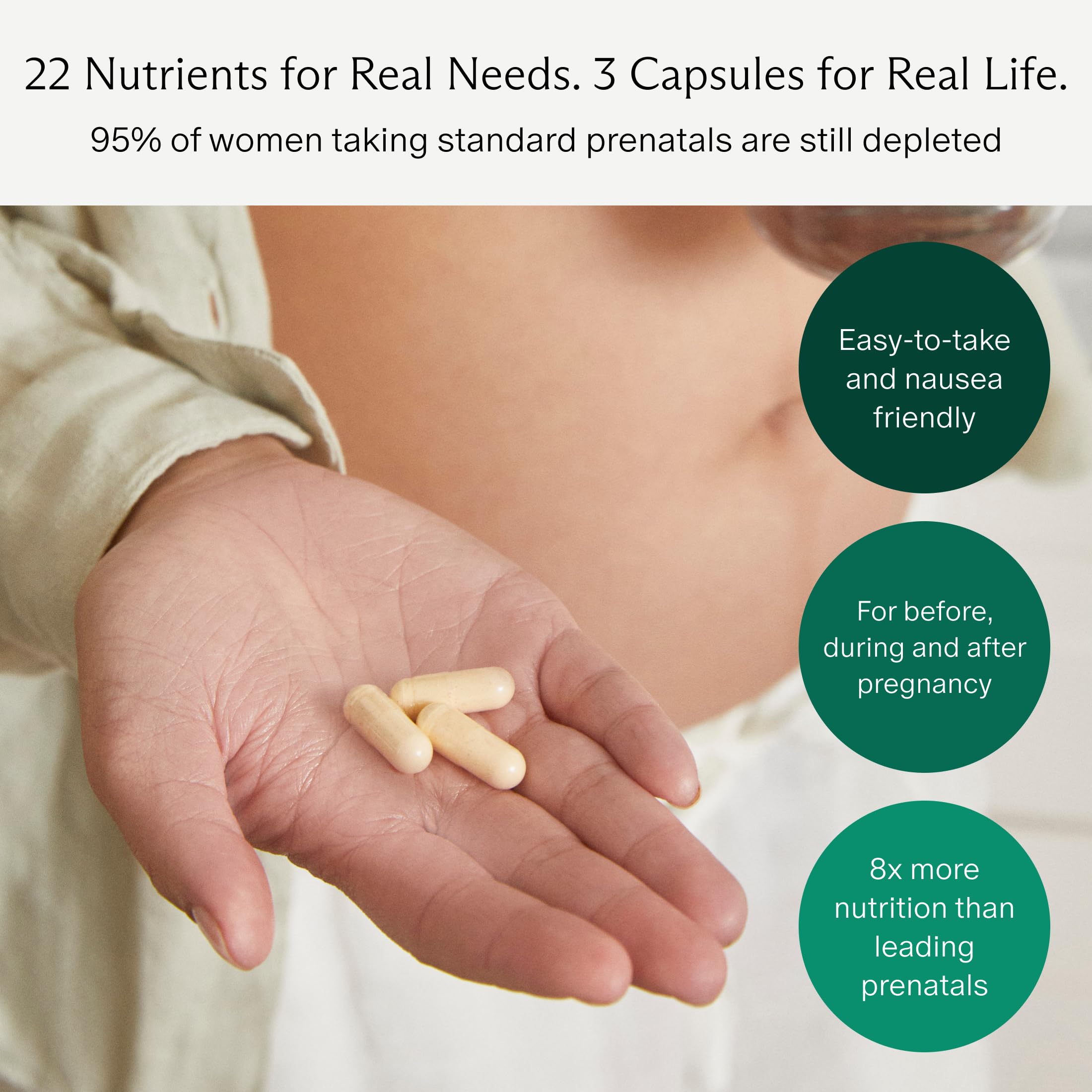 Needed Prenatal Multi Essentials label close-up highlighting 23 essential nutrients.