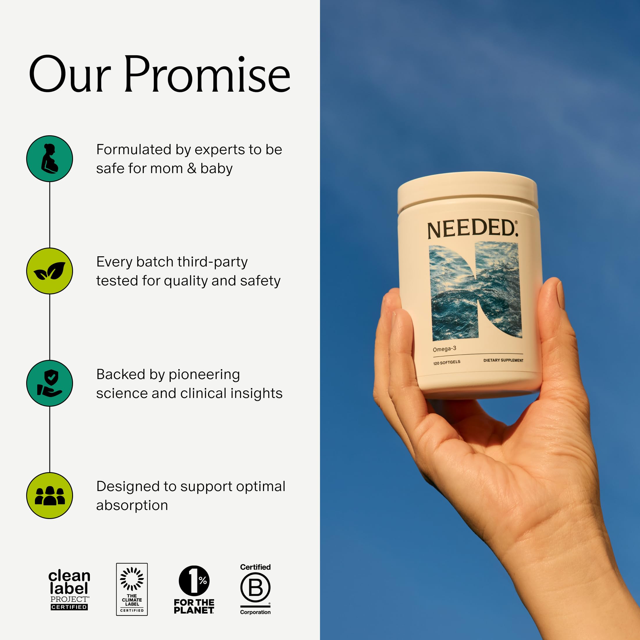 Needed Prenatal Omega-3 with plant-based shell for a smooth, fishy-free experience.