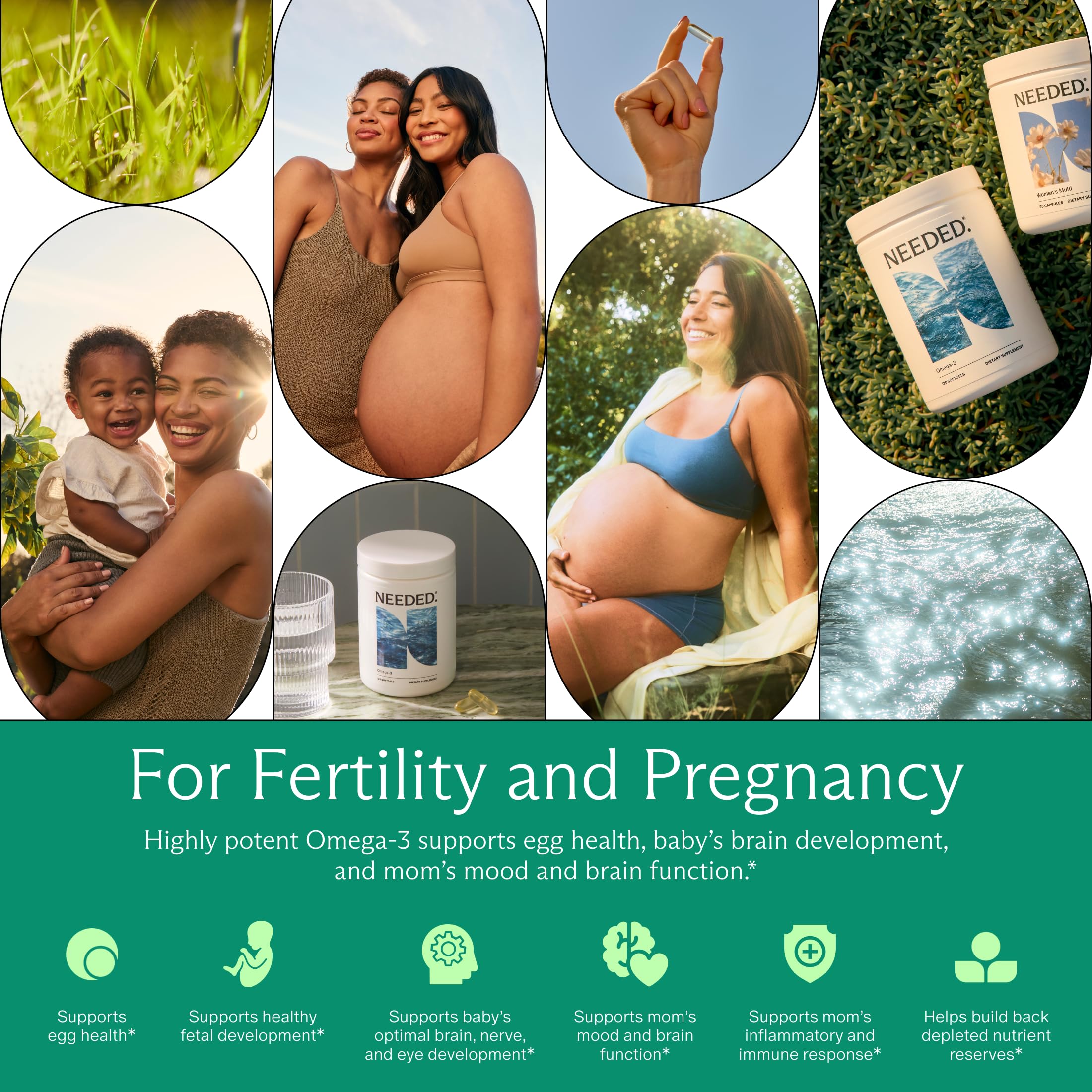 Needed Prenatal Omega-3 packaging displays Friend of the Sea certification for sustainability.