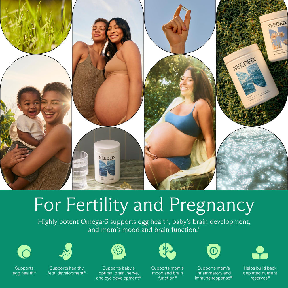 Needed Prenatal Omega-3 packaging displays Friend of the Sea certification for sustainability.