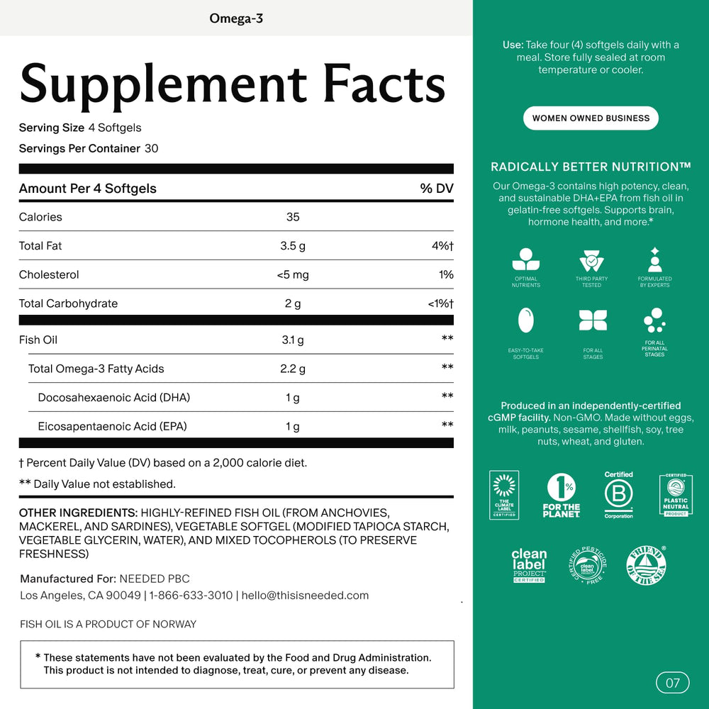 Needed Prenatal Omega-3 softgels on white background, gelatin-free for easy swallowing.