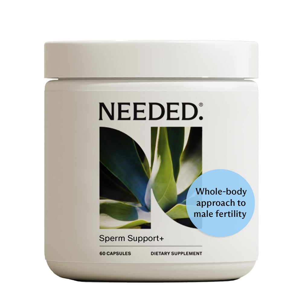 Needed Sperm Support bottle front view with clear label for daily use.