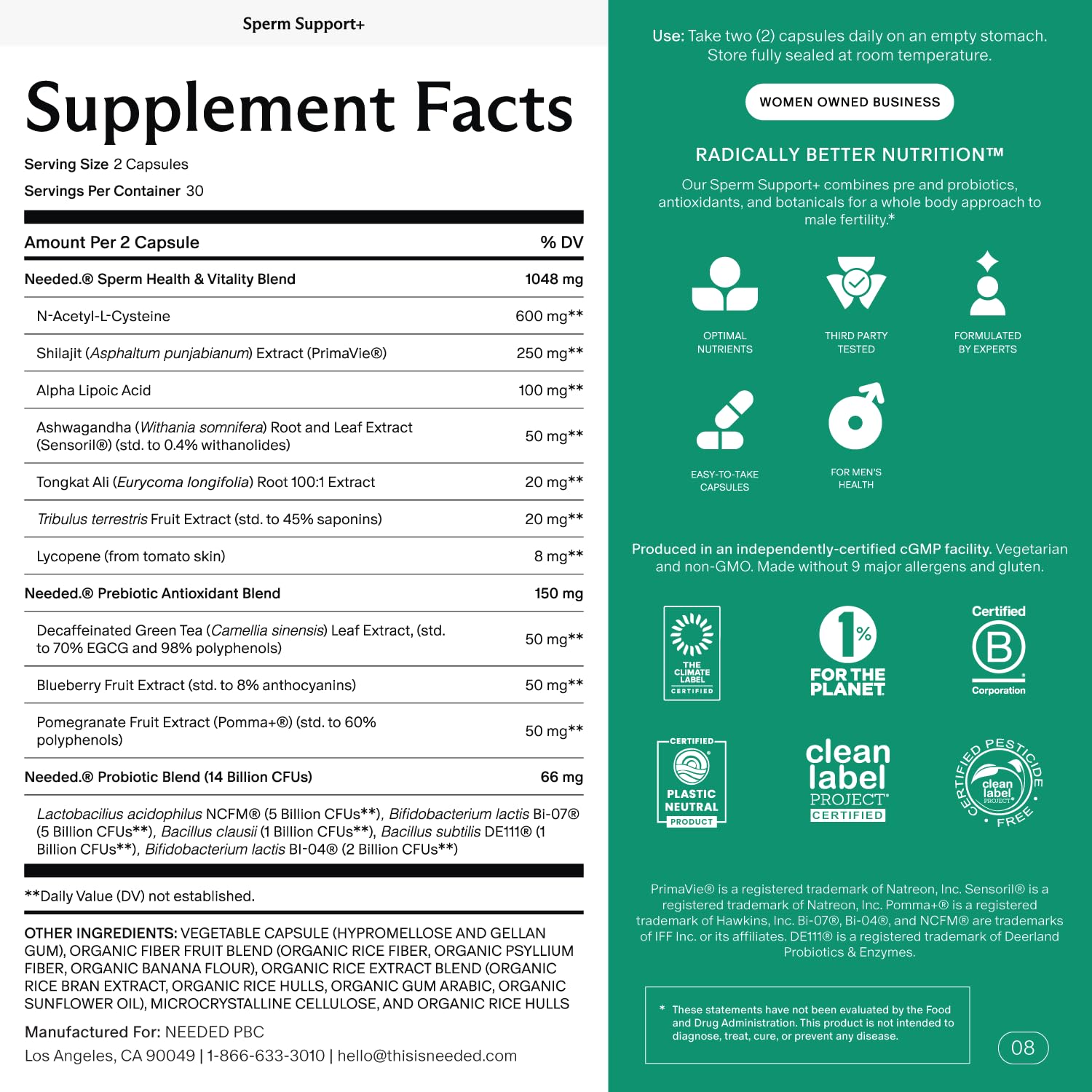 Needed Sperm Support bottle label close-up highlighting a clean, non-GMO formula.