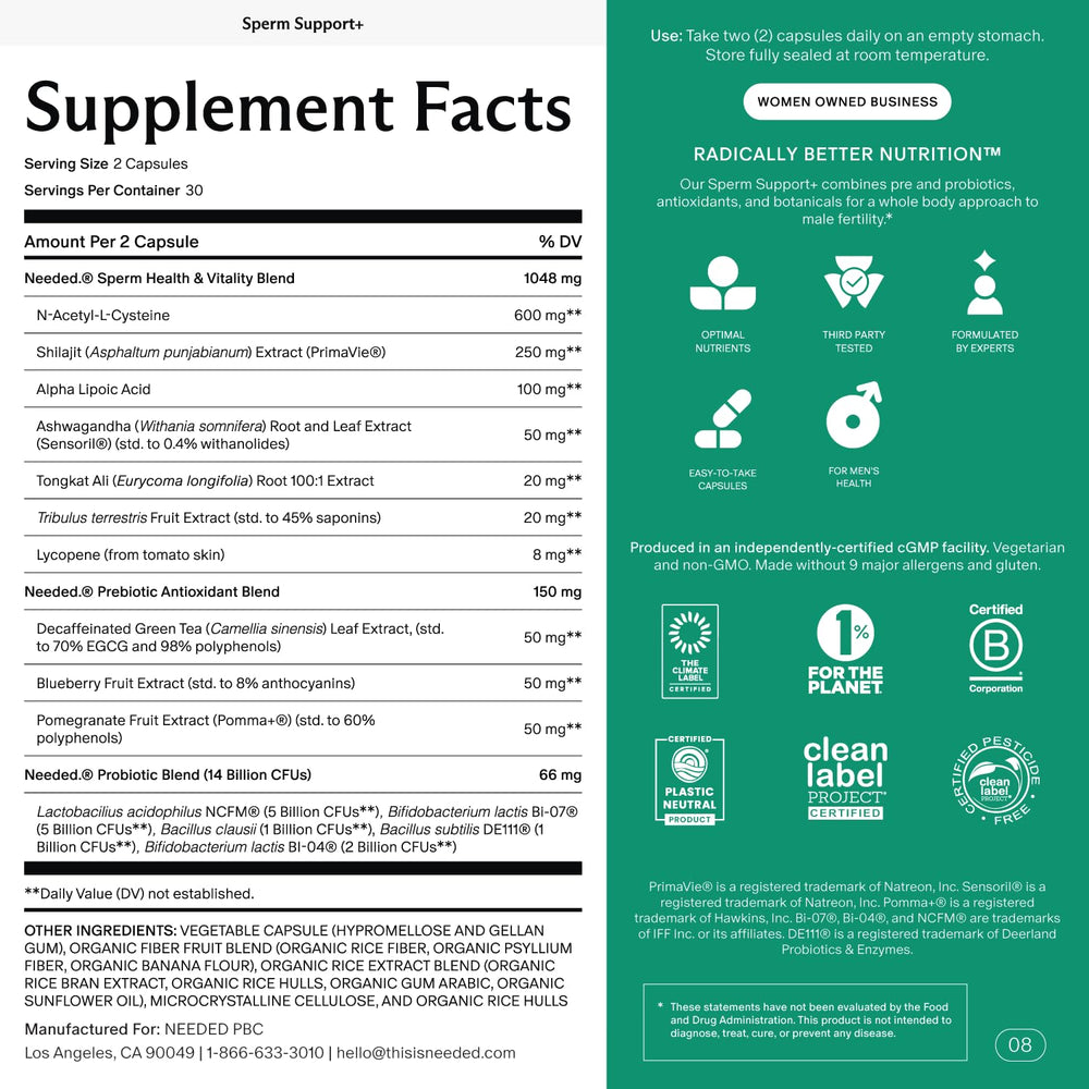 Needed Sperm Support bottle label close-up highlighting a clean, non-GMO formula.