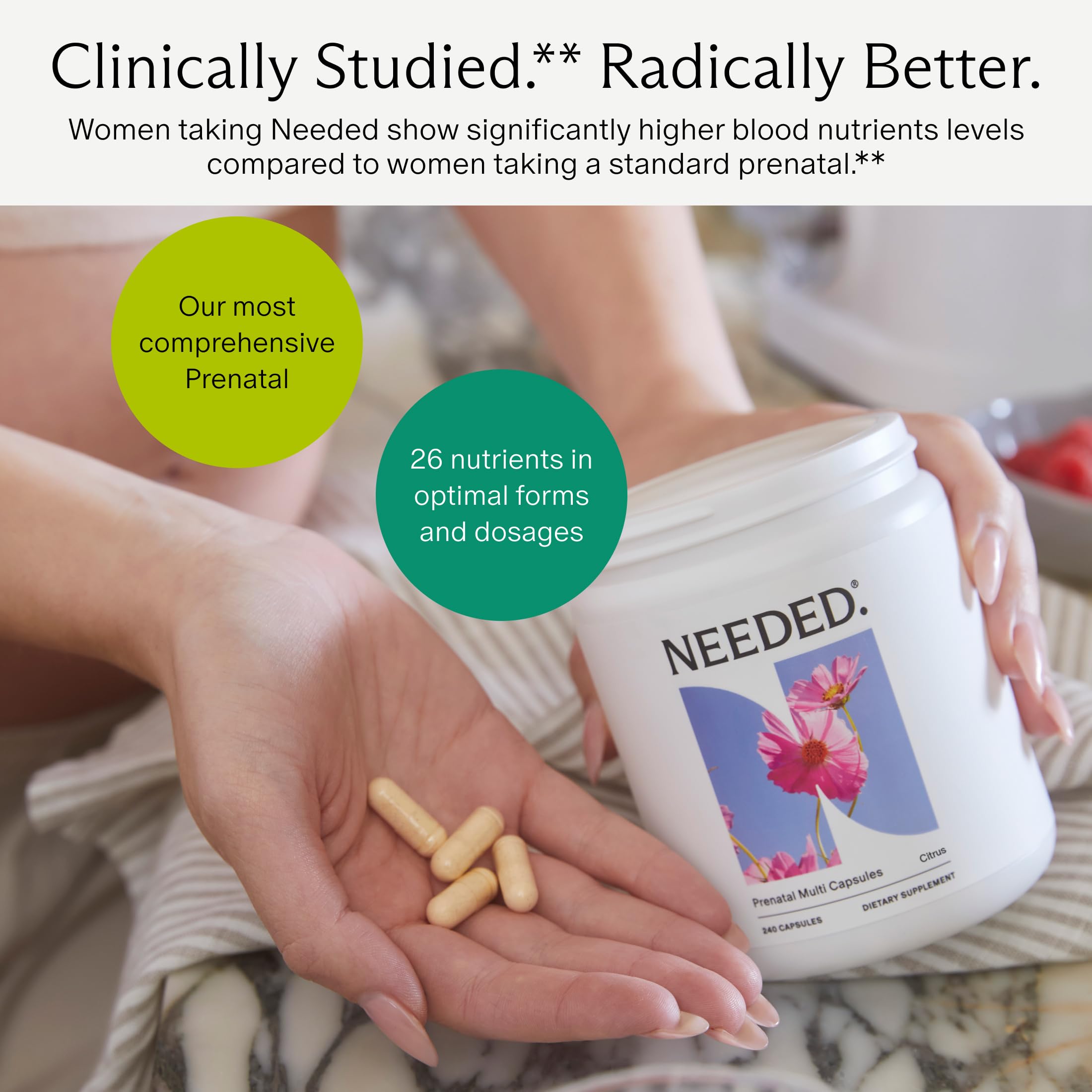 Third-party testing seal on Needed prenatal vitamins communicates trusted quality.