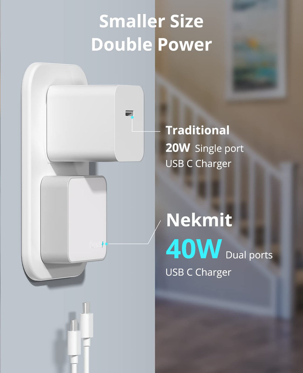 Nekmit 40W PD charger delivering simultaneous USB-C charging for iPhone and tablet.