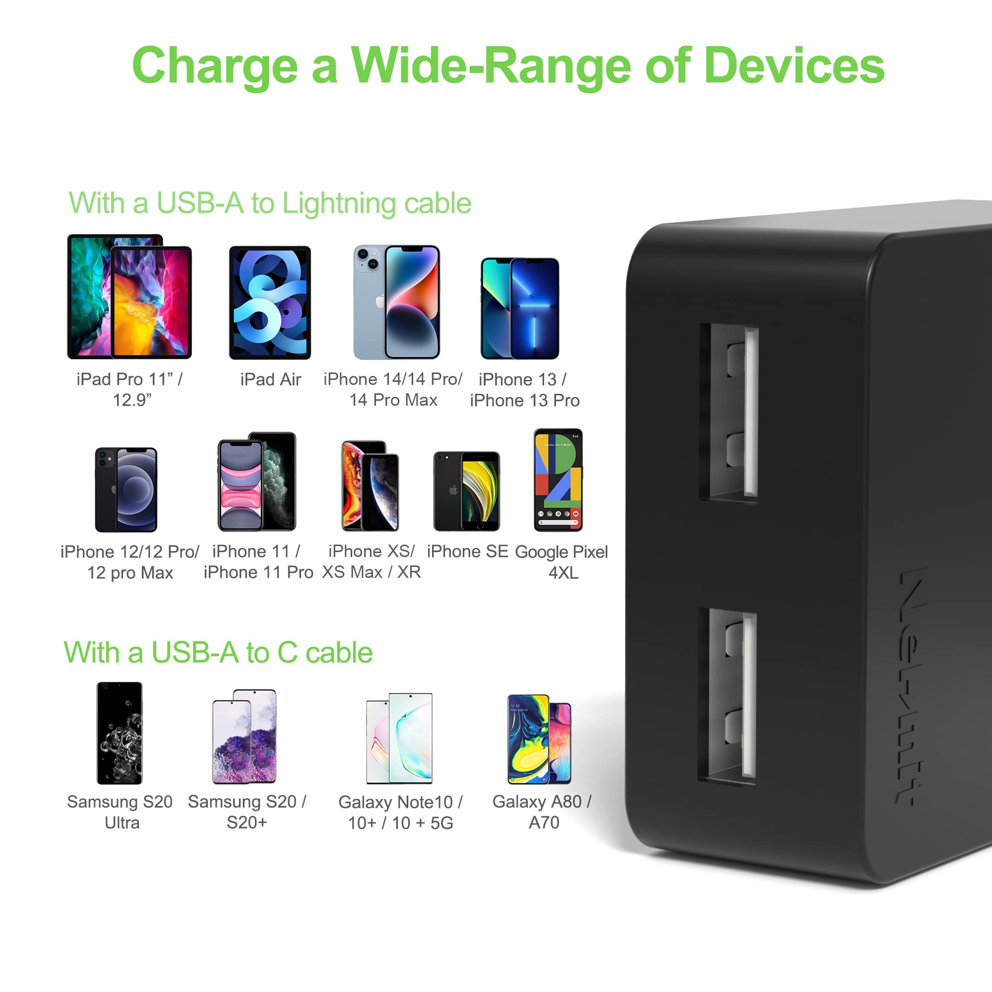 Nekmit dual-port charger compatible with iPhone, tablets, AirPods, and more for everyday use.