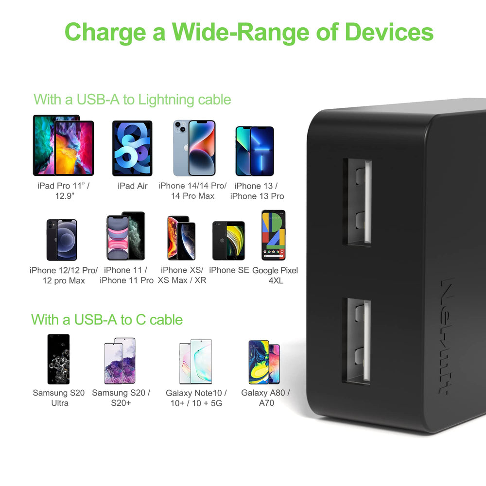 Nekmit dual-port charger compatible with iPhone, tablets, AirPods, and more for everyday use.