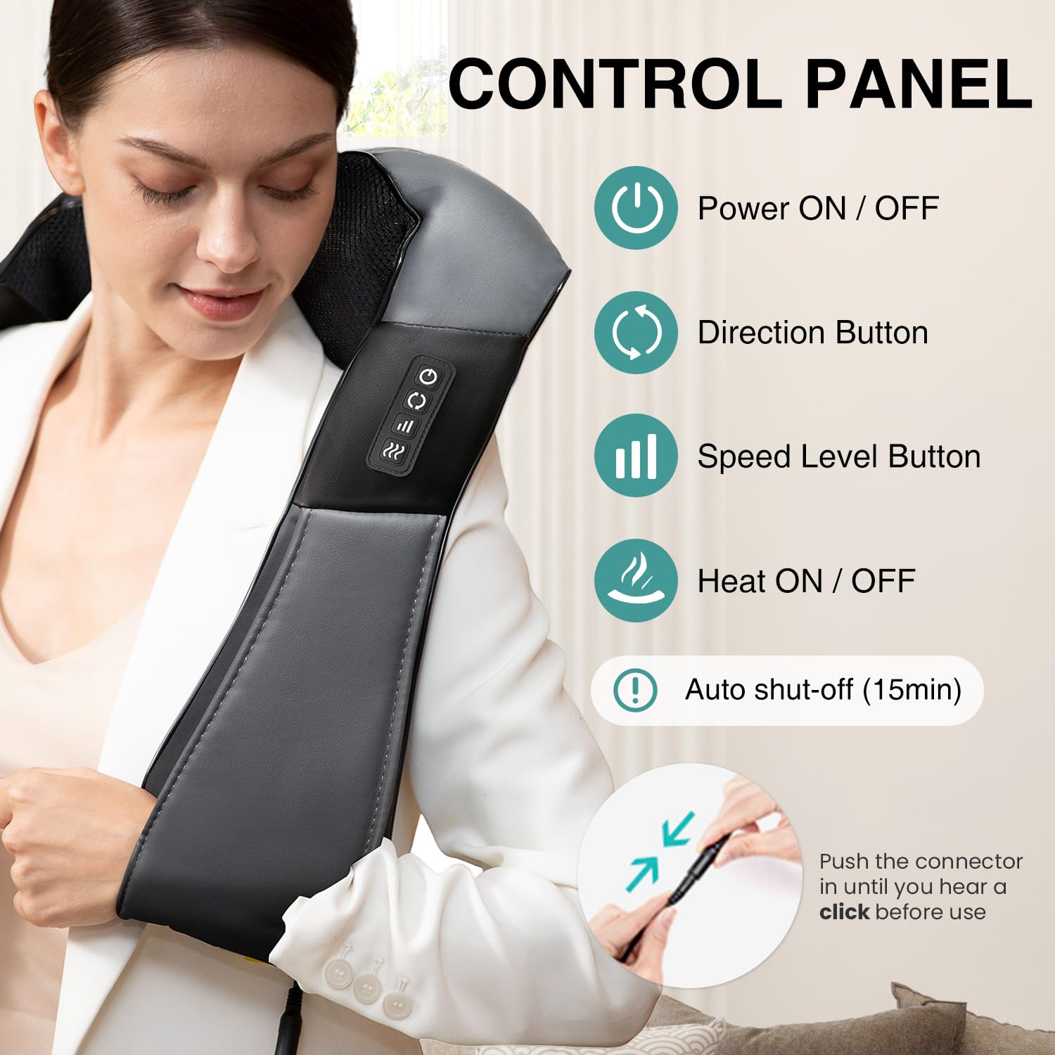 Nekteck heat function close-up highlights gentle warmth for fatigue relief.
