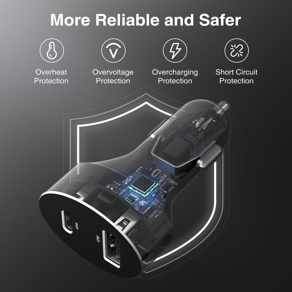 Nekteck USB-C car charger with dual ports, side view showing PD 3.0 and QC 3.0 outputs.