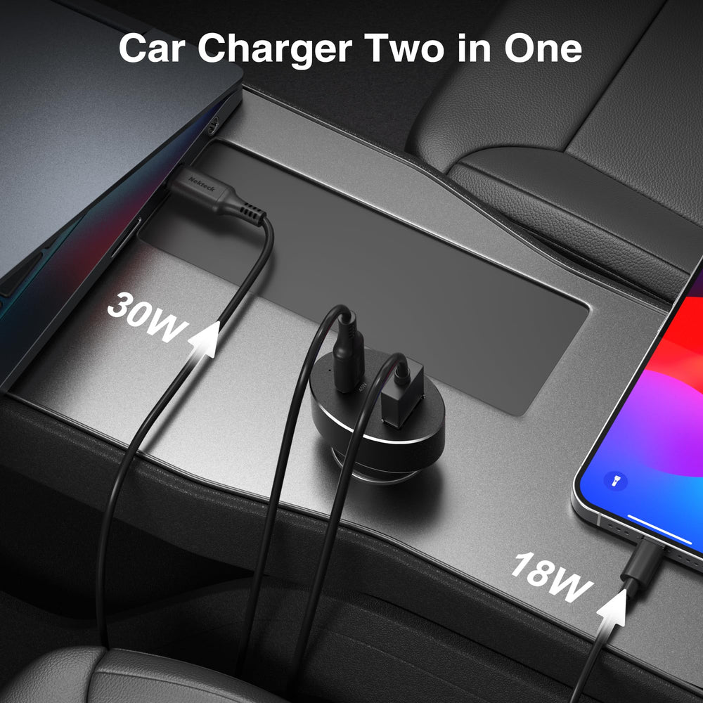Nekteck USB-C car charger in use inside a vehicle for daily charging.