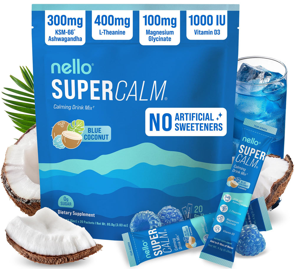 Nello SuperCalm blue coconut packet for on-the-go relaxation.