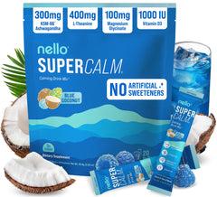 Nello SuperCalm blue coconut packet for on-the-go relaxation.