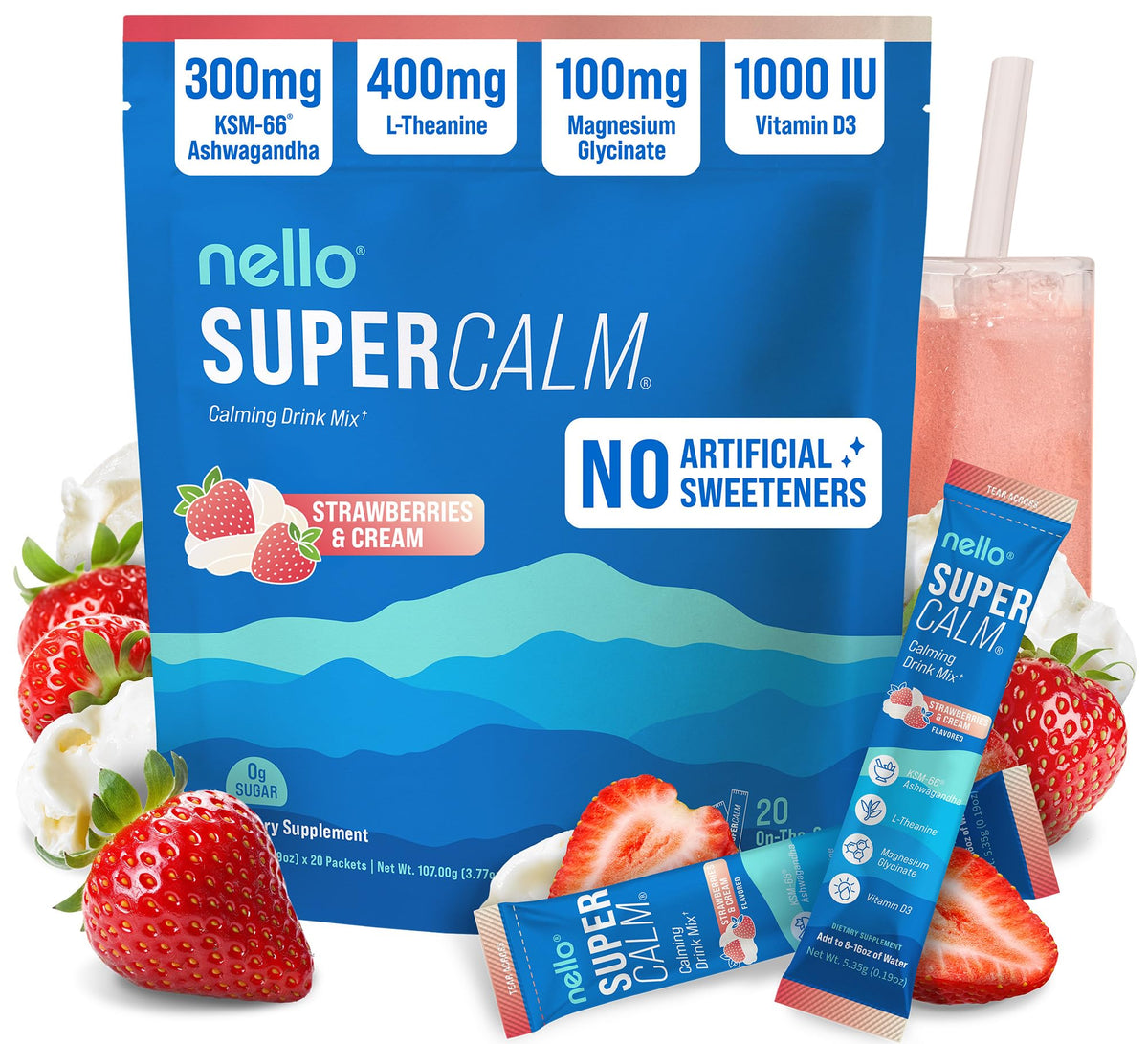Nello Supercalm canister front view showing premium packaging for daily relaxation and focus