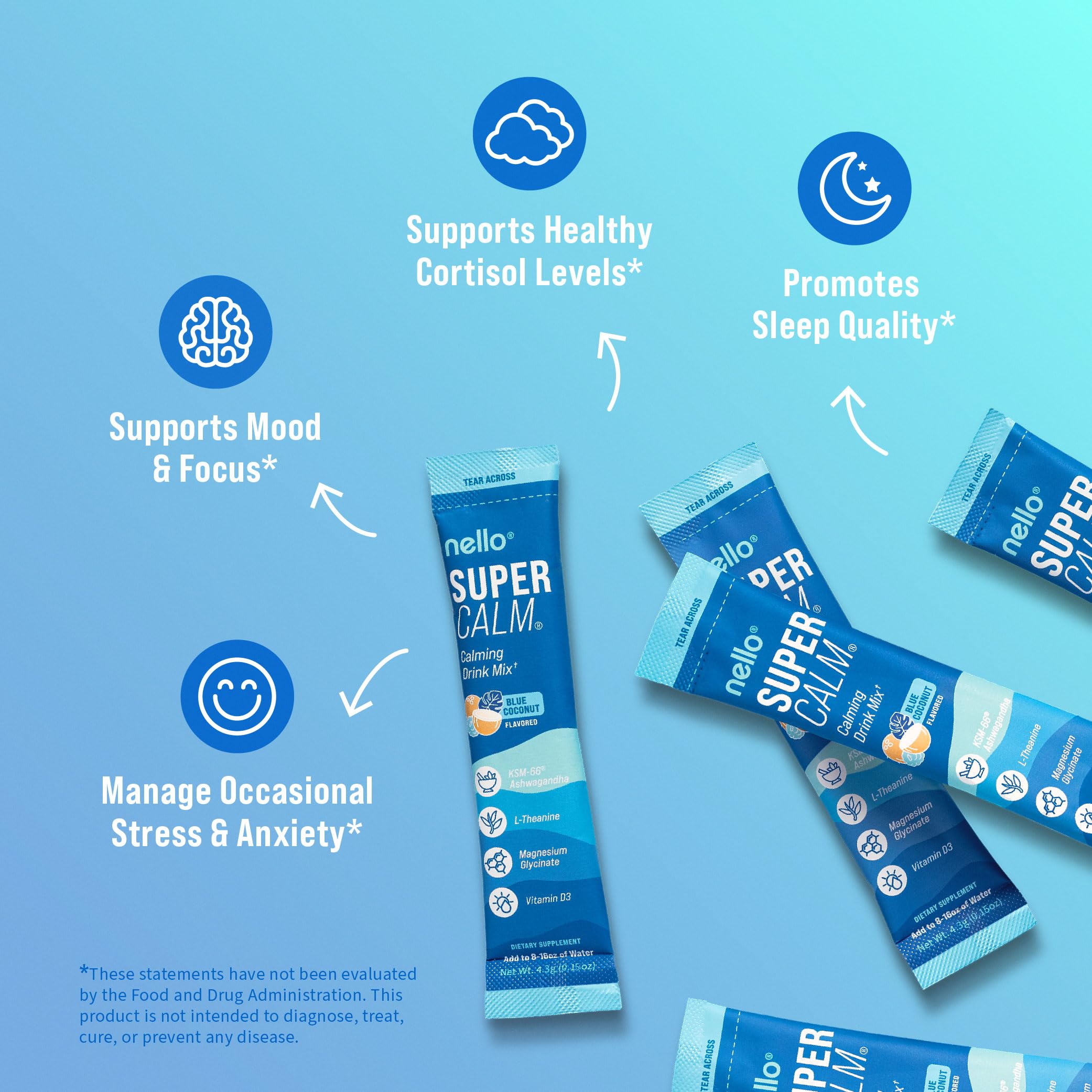 Powder dissolving in water to create a calm blue coconut drink with Nello SuperCalm.
