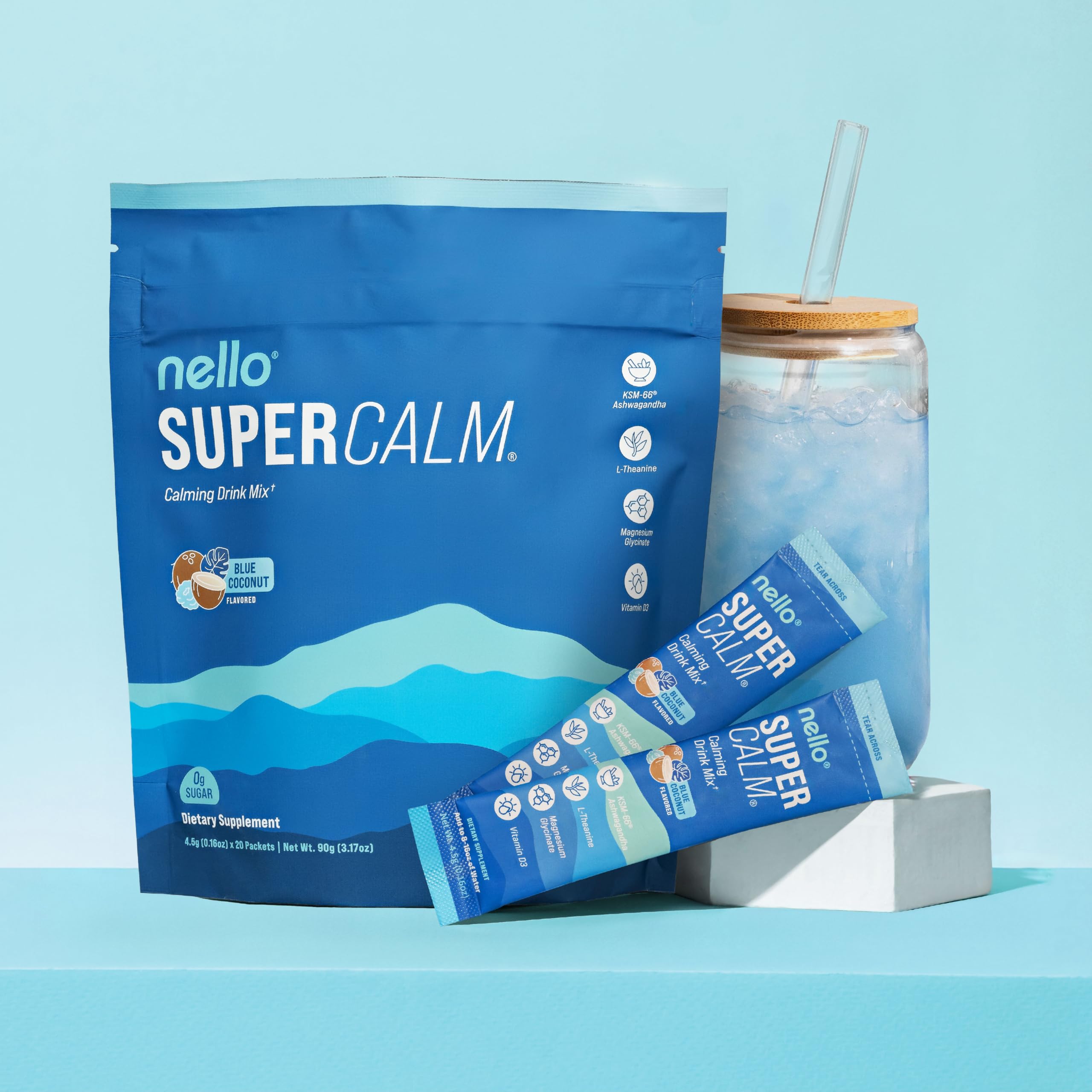The Nello SuperCalm ingredients label highlights a clean, sugar-free formula.