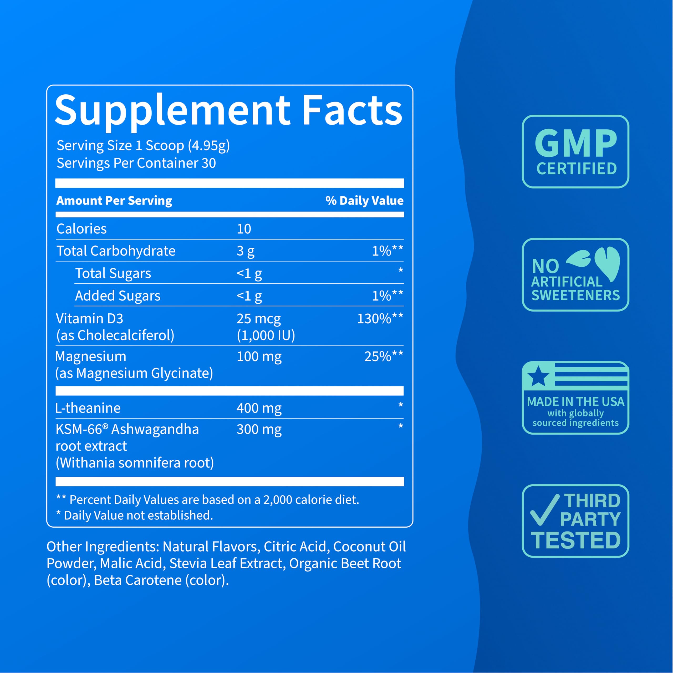 Ingredient label highlights L-theanine, ashwagandha, magnesium, and vitamin D.