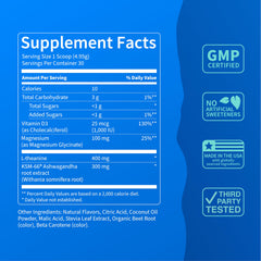 Ingredient label highlights L-theanine, ashwagandha, magnesium, and vitamin D.