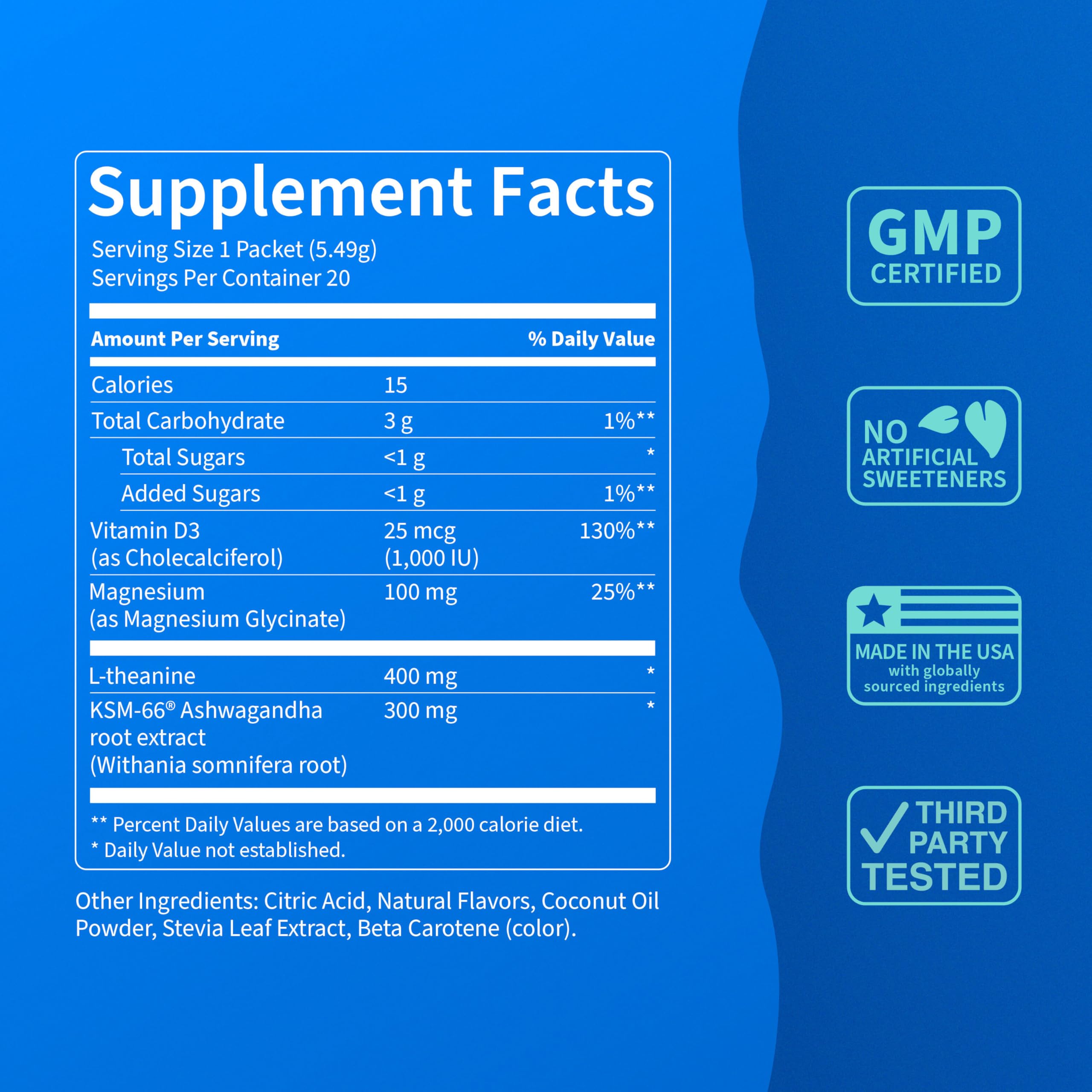 Close-up of Nello Supercalm ingredients label showing clean, non-GMO formula.
