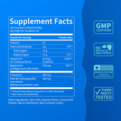 Close-up of Nello Supercalm ingredients label showing clean, non-GMO formula.