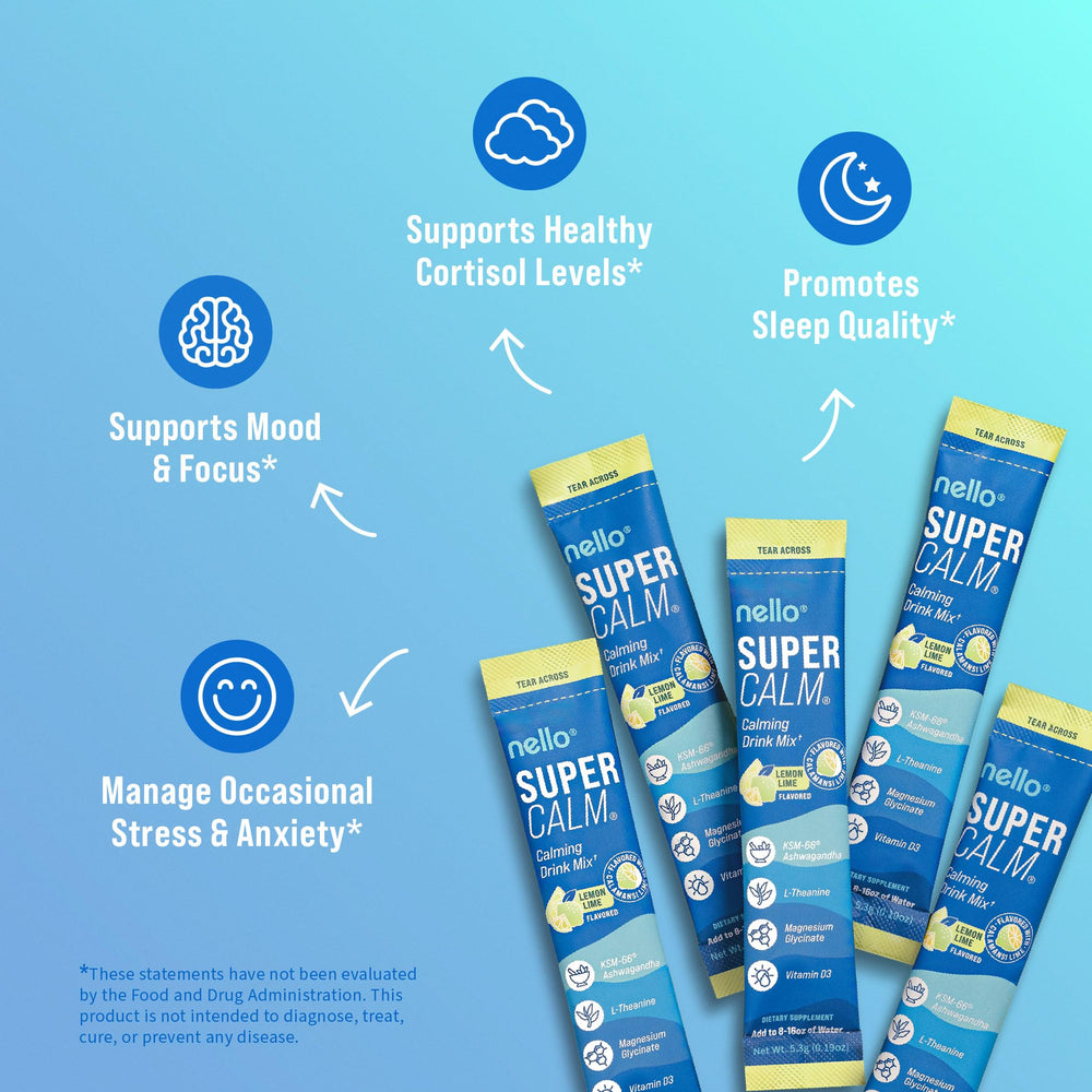 Nello SuperCalm with KSM-66 Ashwagandha and L-Theanine supports calmer mornings.