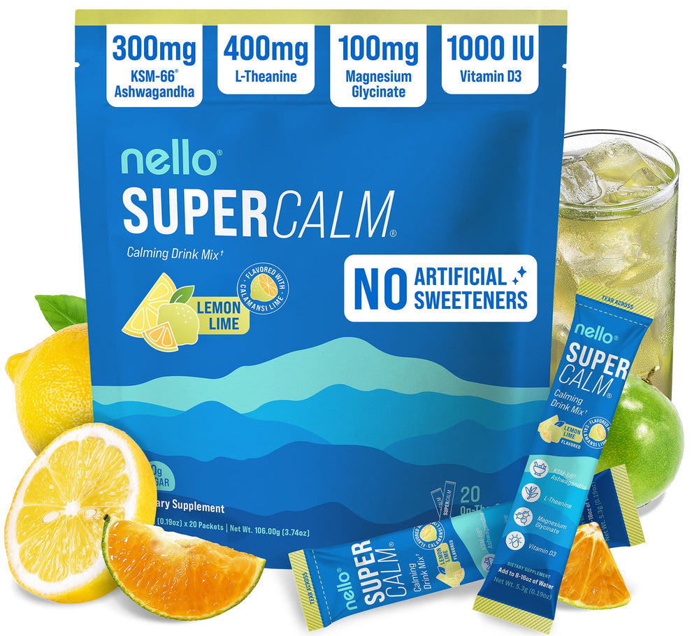 Nello SuperCalm lemon lime on-the-go packets for quick relaxation and focus.