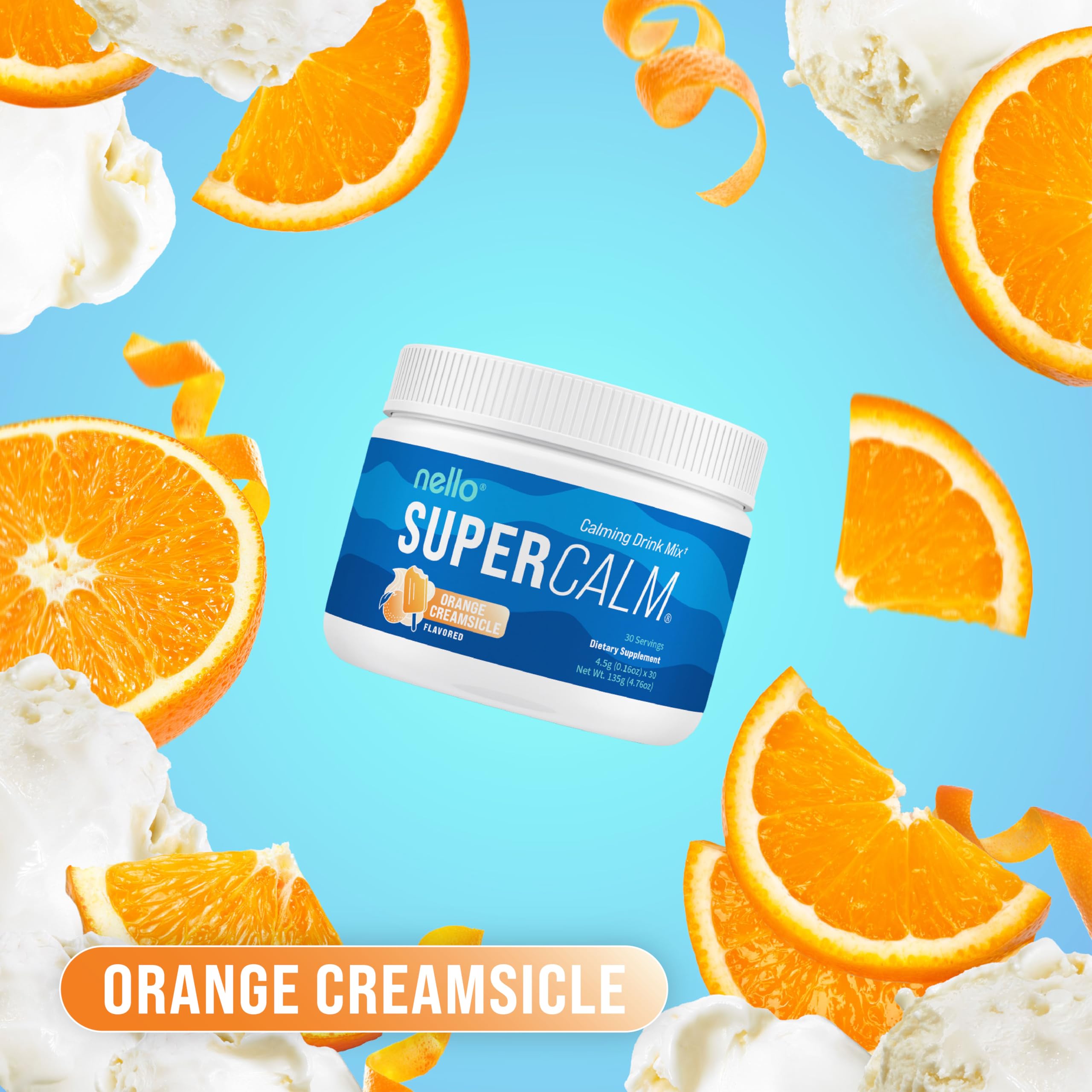 Nello Supercalm orange-creamsicle packets ready for on-the-go relaxation and focus.