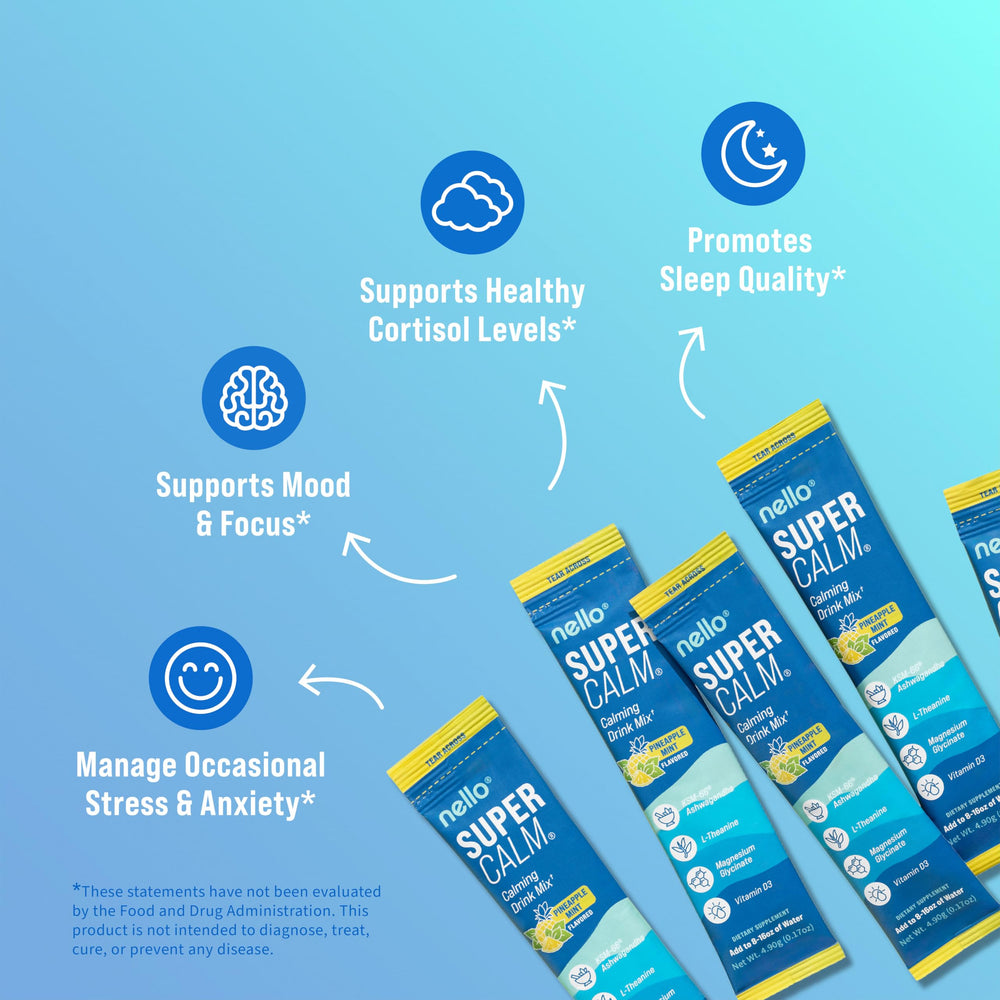 Nello Supercalm powder dissolve in water for quick sip and relaxation.