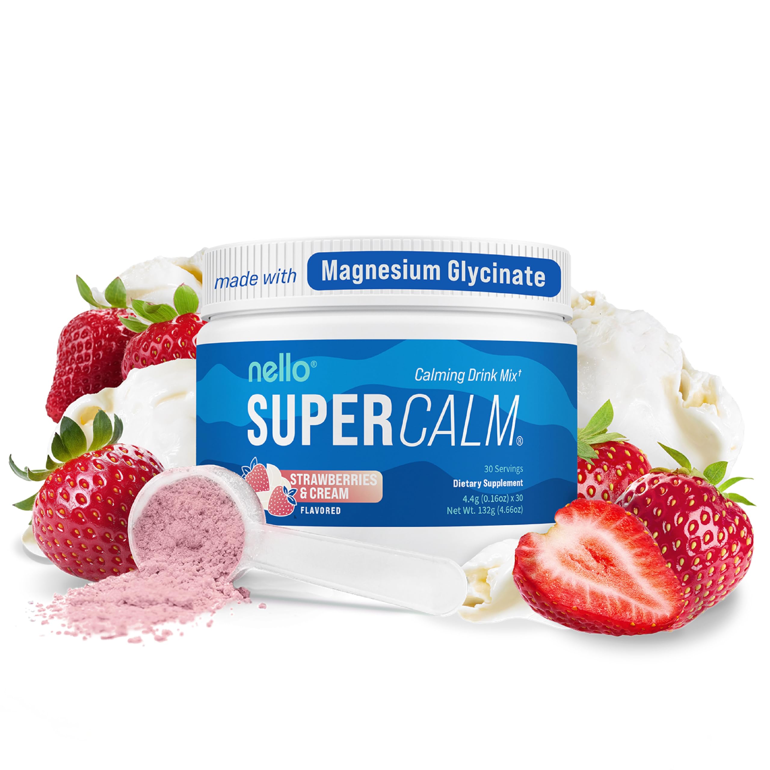 Nello Supercalm powder tub showing convenient multi-serve option for calm and focus.