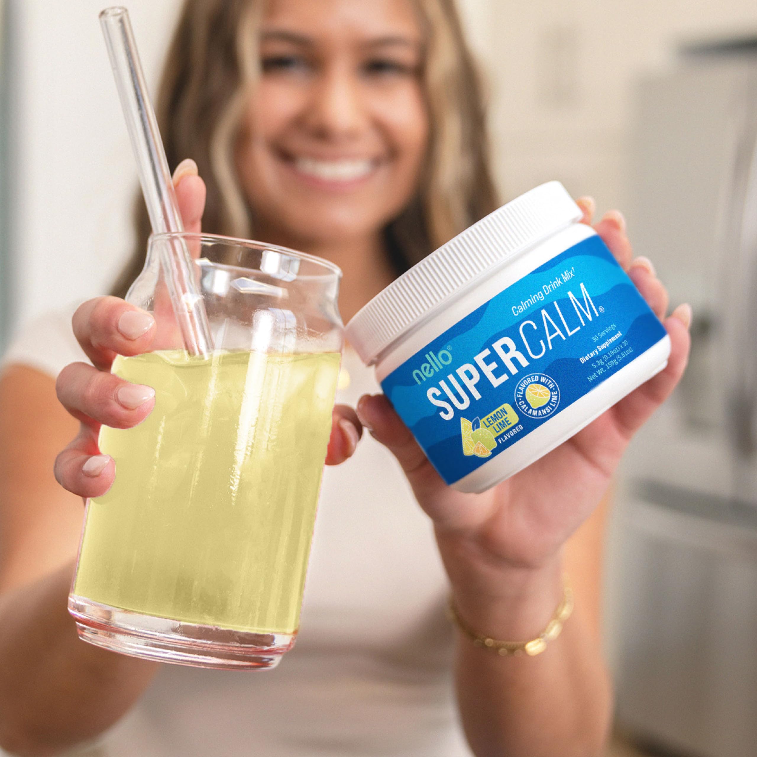 Prepared drink of Nello SuperCalm Lemon Lime in glass shows quick on-demand refresh.