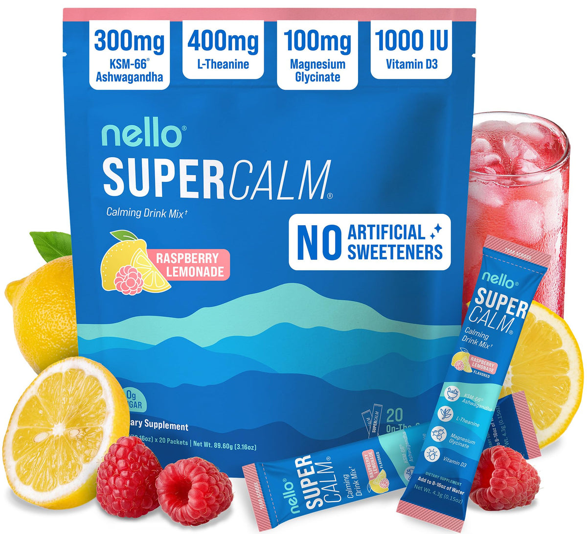 Nello SuperCalm raspberry lemonade packet for quick on-the-go relaxation.