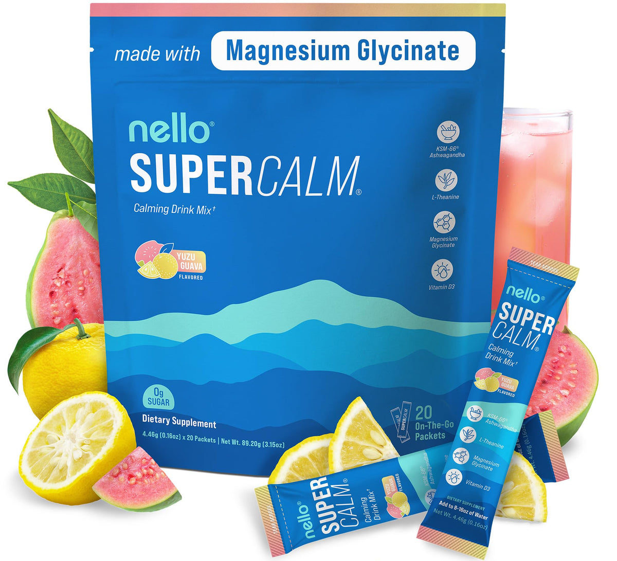 Nello Supercalm Yuzu Guava packet pour enables on-the-go relaxation.