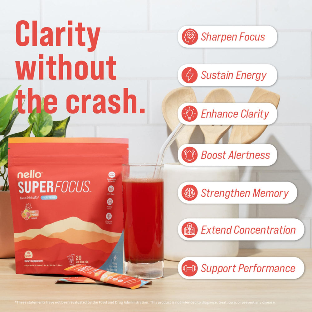 Nello Superfocus ingredients label close-up highlighting Alpha-GPC and Lion’s Mane.