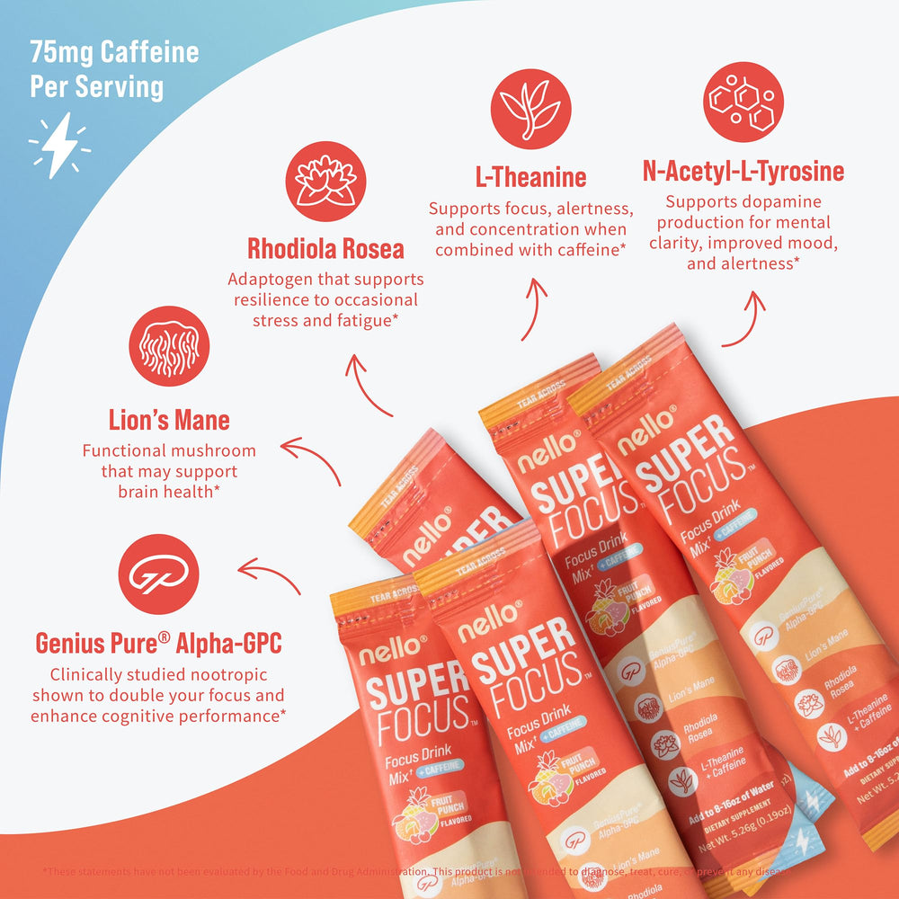 Nello Superfocus scoop beside powder for precise dosing during study sessions.