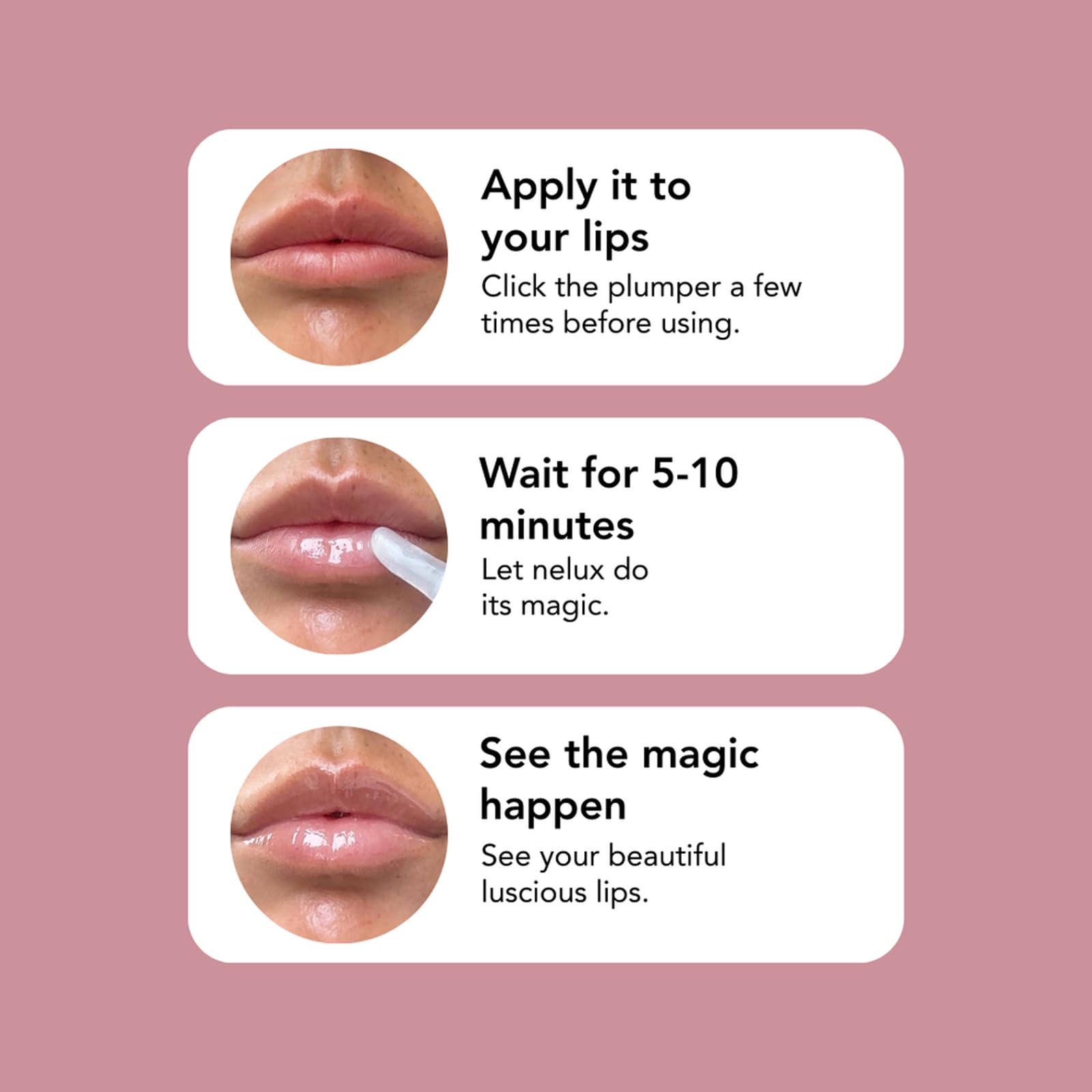 Nelux plump gloss on lips demonstrates versatile daily use