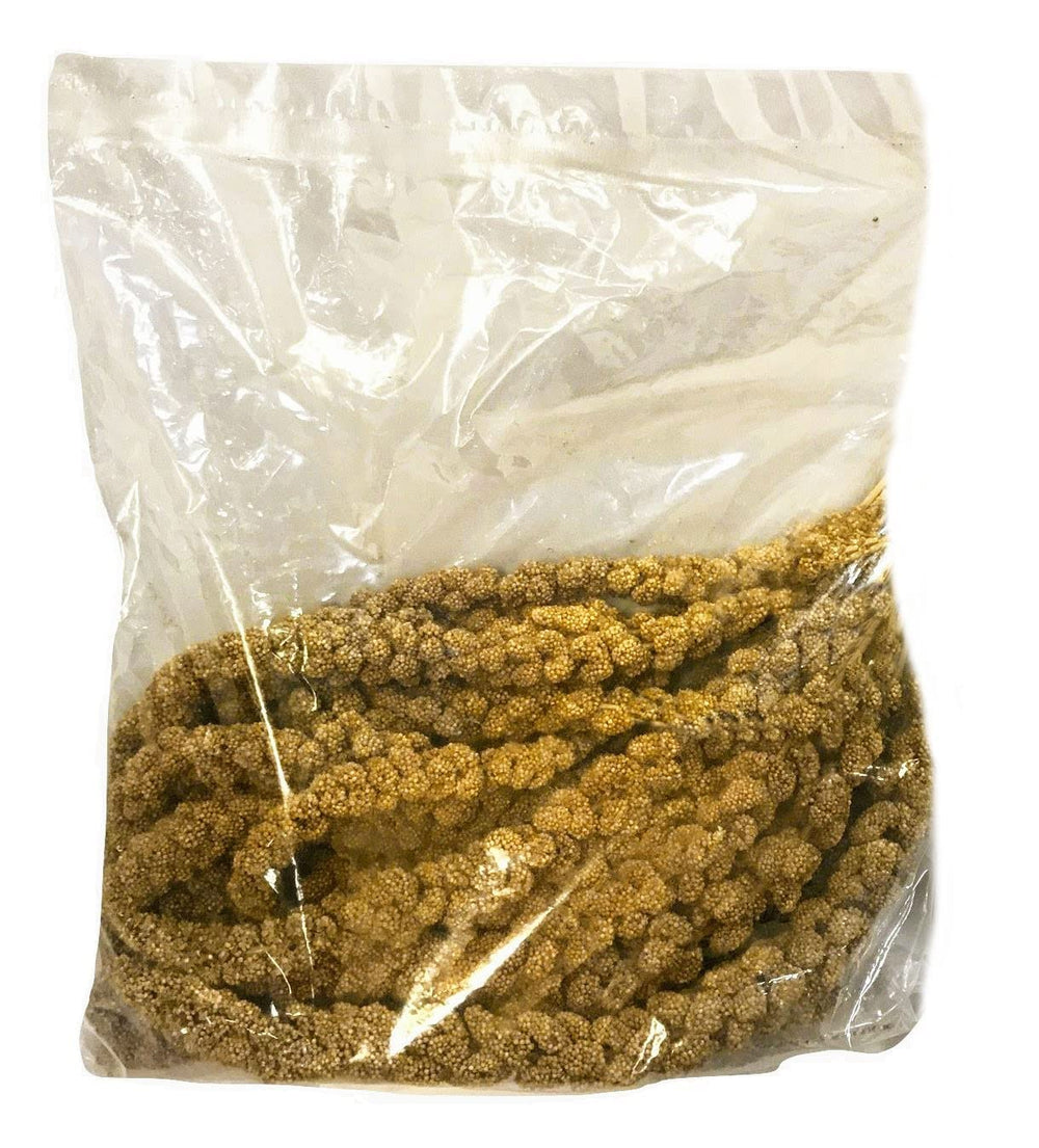 Nemeth Farms sun-dried millet spray closeup emphasizes natural flavor and preserved nutrients for birds.
