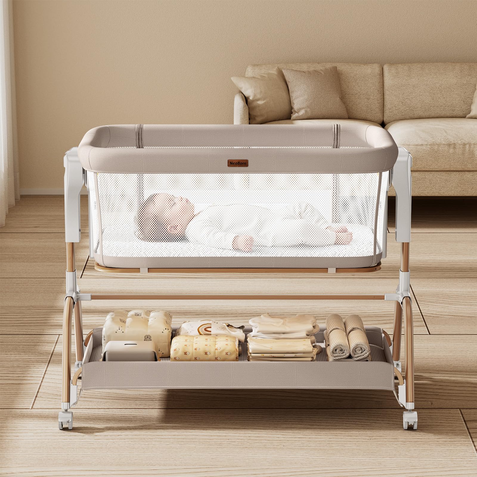 NeoBorn 360-degree lockable wheels enable smooth room-to-room mobility.