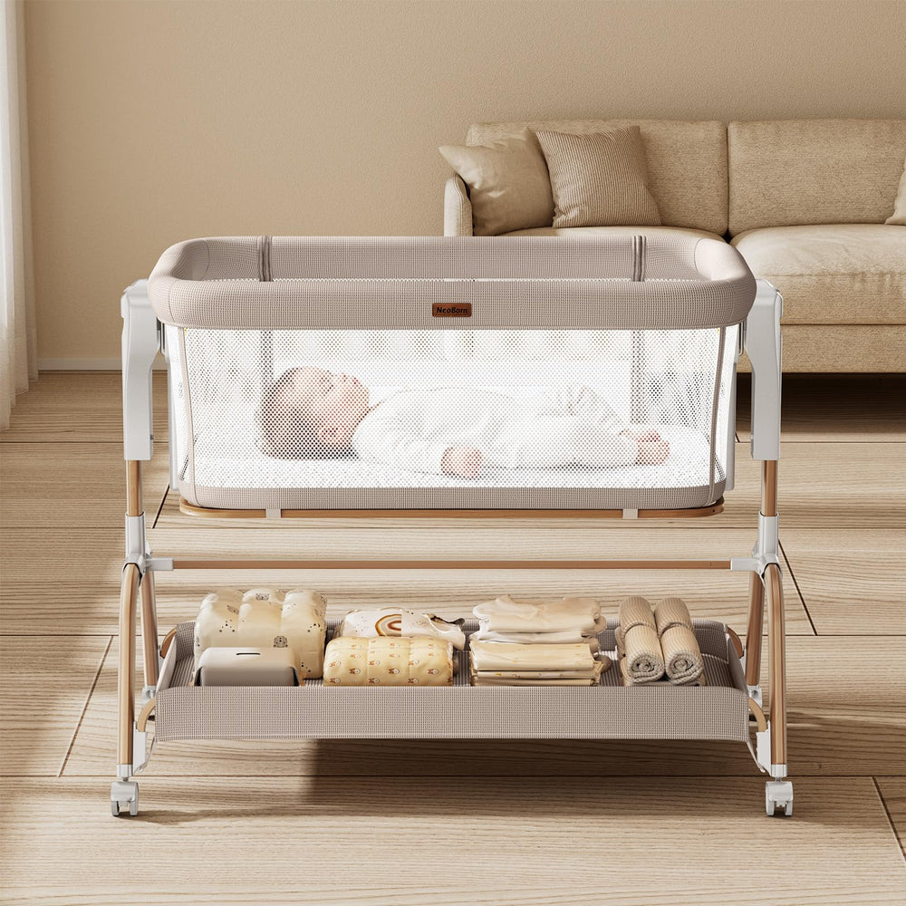 NeoBorn 360-degree lockable wheels enable smooth room-to-room mobility.