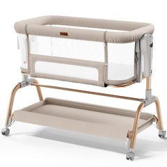 NeoBorn 3in1 bassinet beside the bed for convenient night feeding and soothing.