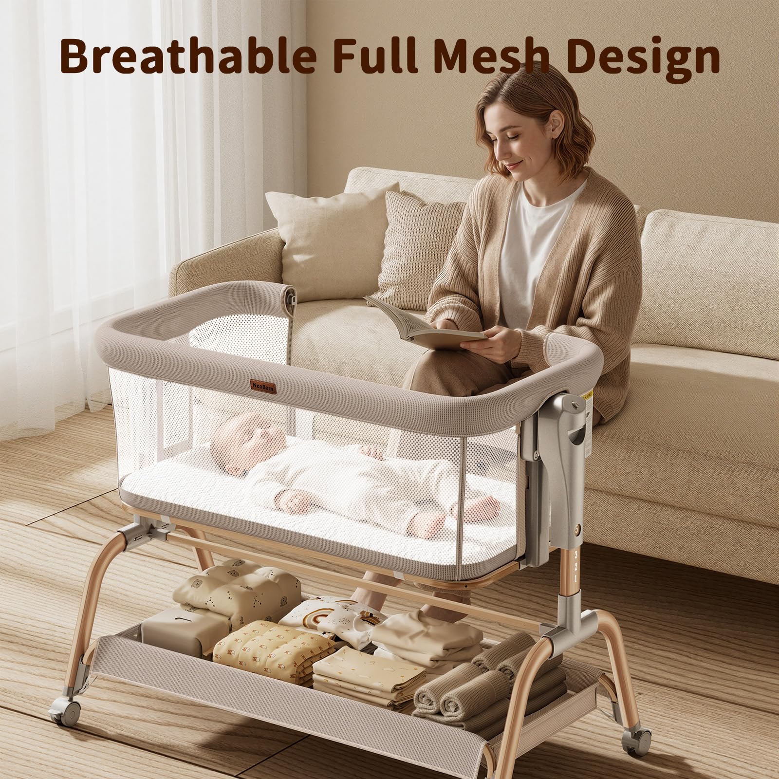 NeoBorn drop-side design and height adjustability for easy night care.