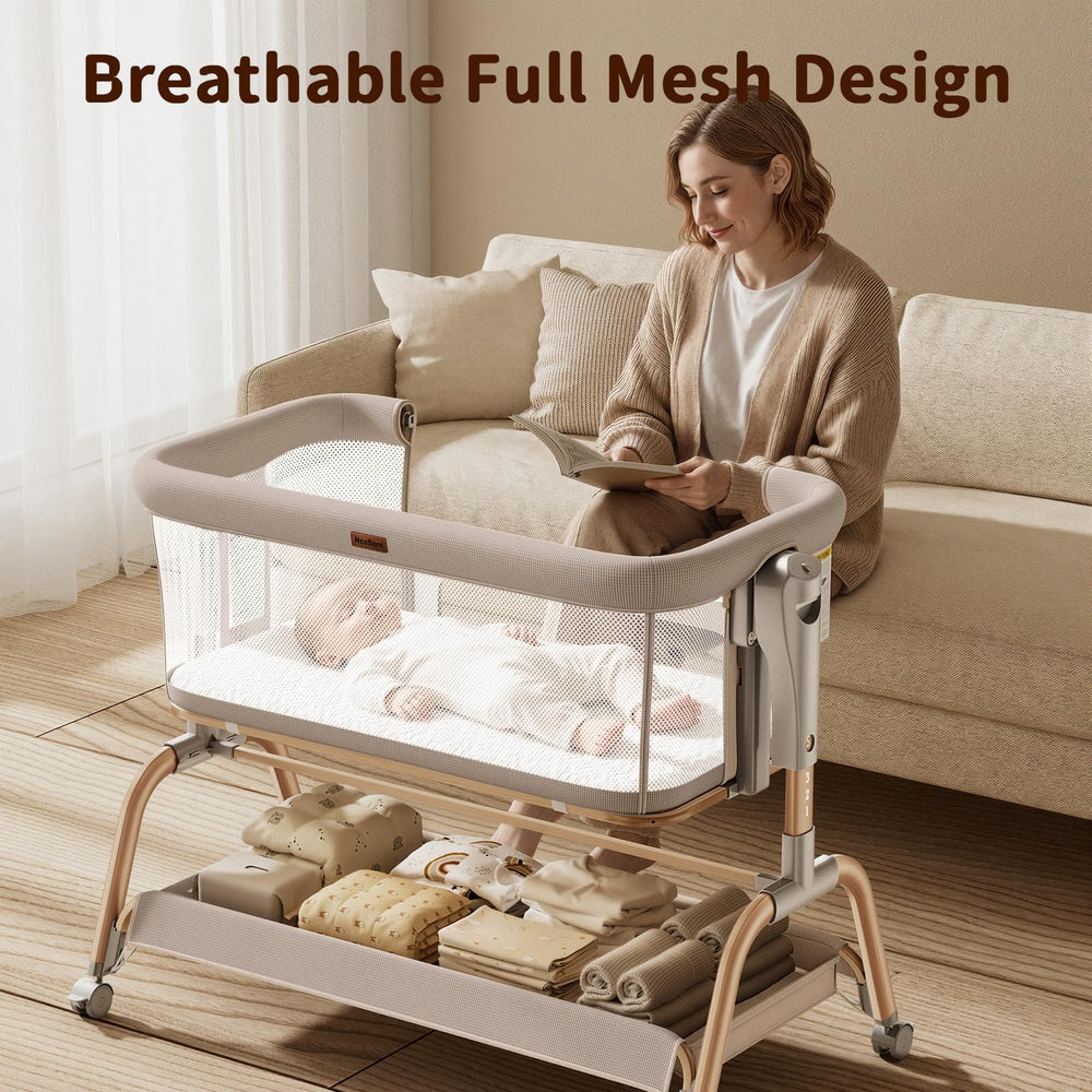 NeoBorn drop-side design and height adjustability for easy night care.