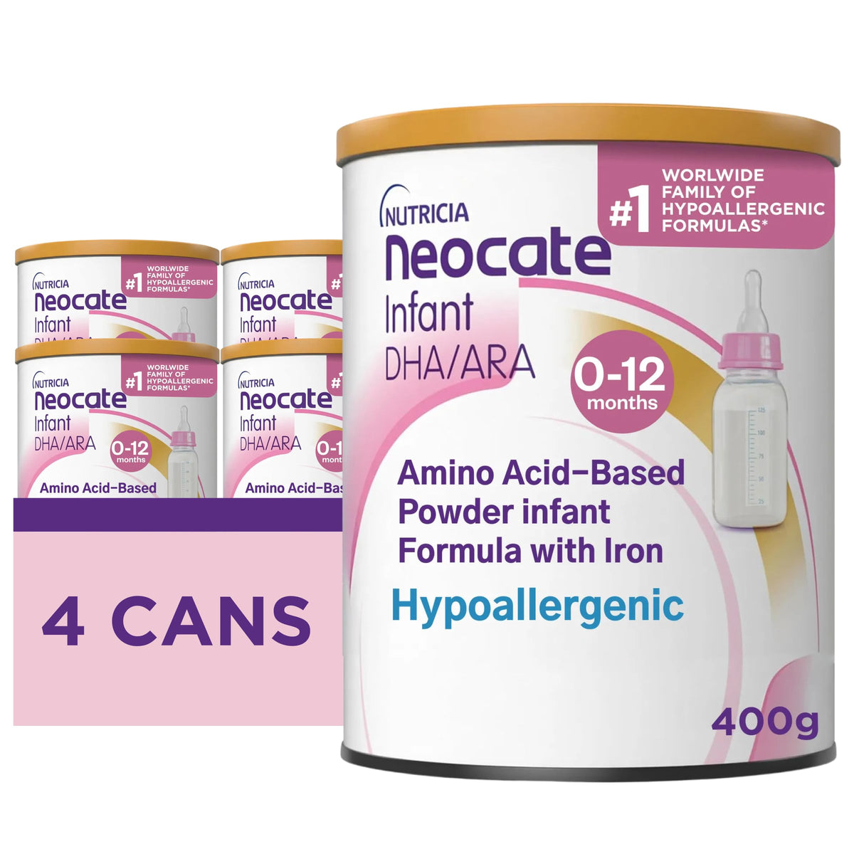 Neocate Infant hypoallergenic formula can pack four for CMA management.